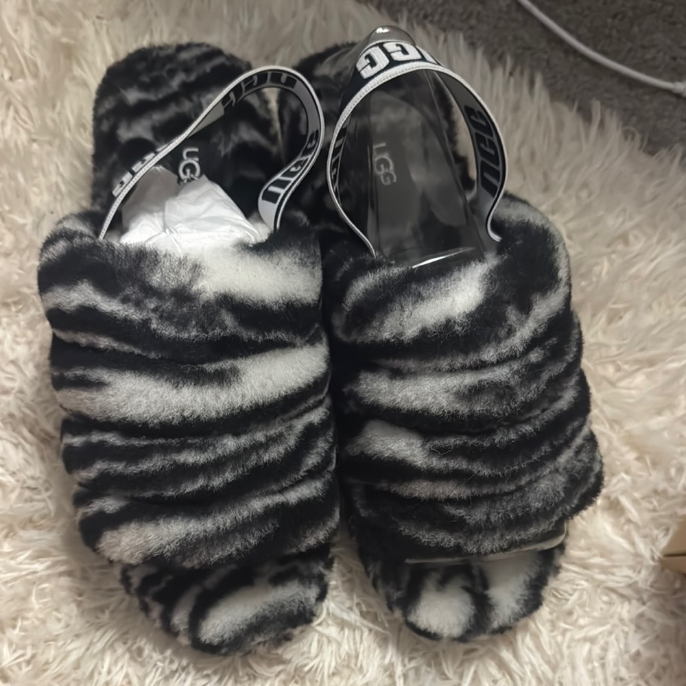 UGG Black and White Furry Slippers